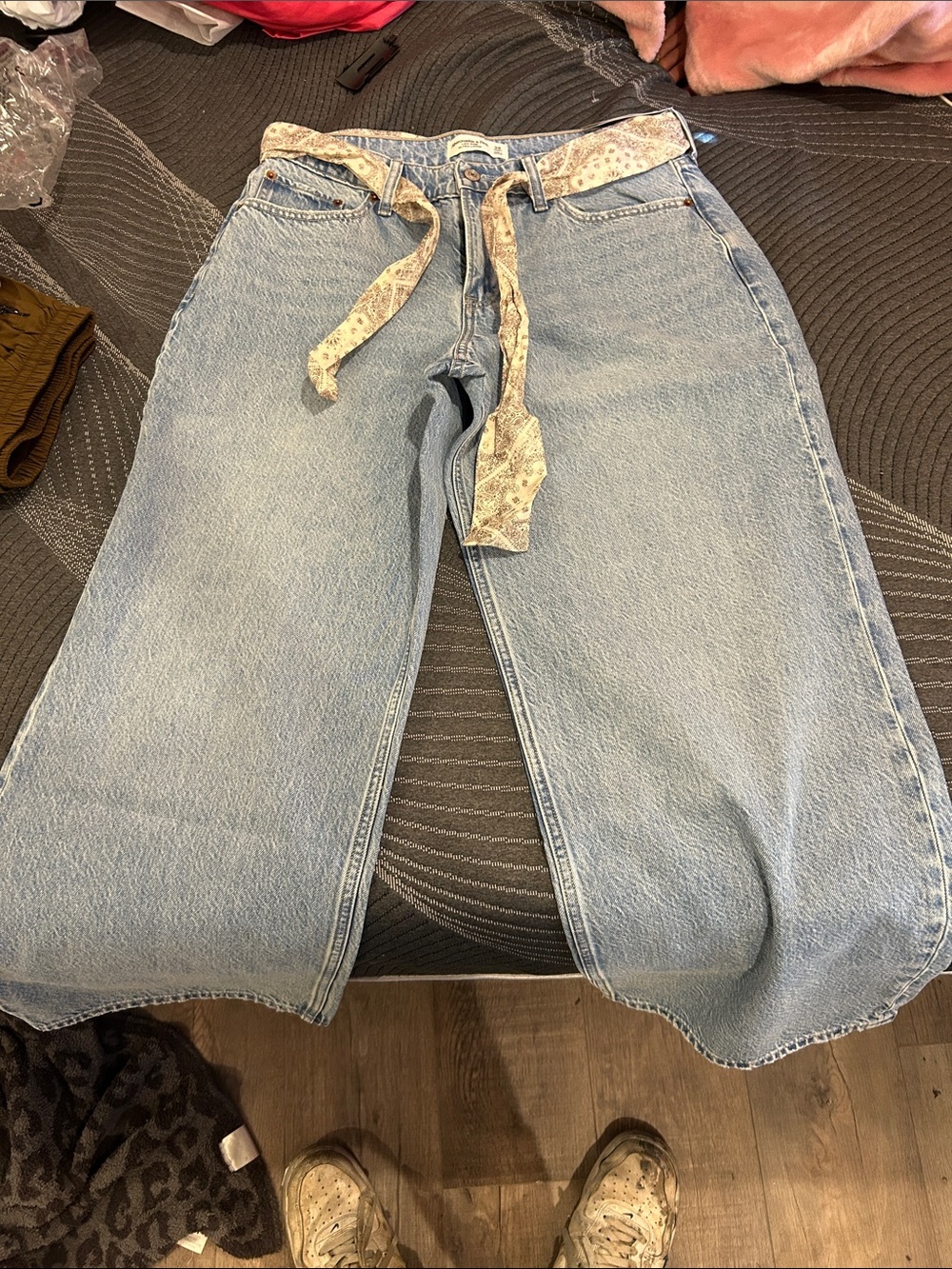 Abercrombie & Fitch Light Blue Wide-Leg Jeans with Printed Tie